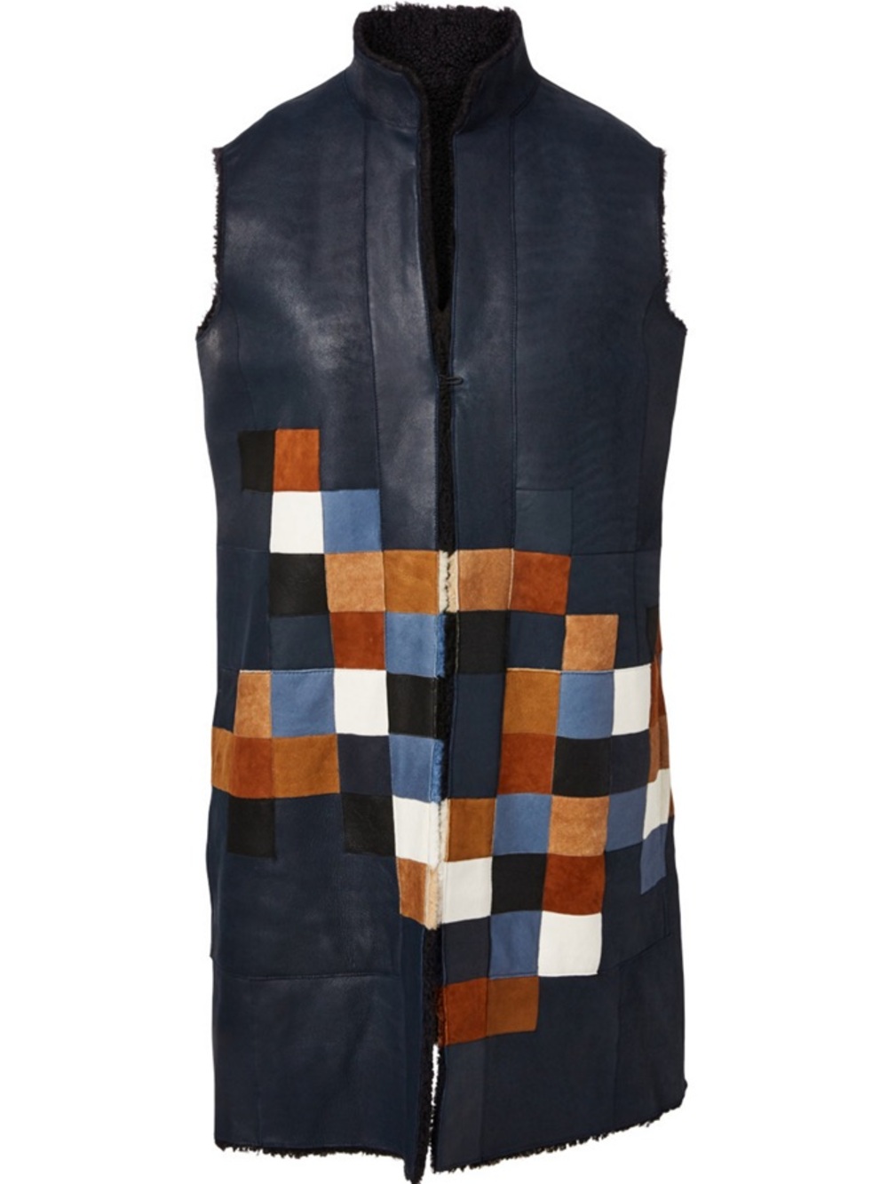 Akris Punto Reversible Black Blue Leather Shearling Vest Pixel Pattern Size 4